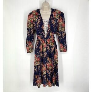 Jessica Howard VINTAGE Lace Inset Floral Midi Dress Sz 10 Navy Pink Purple Green